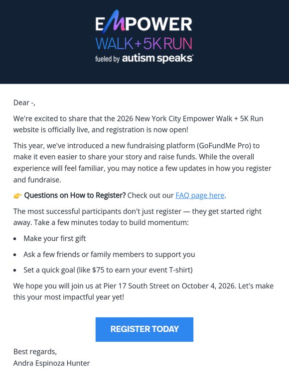 We're live! Register today for the 2026 NYC Empower Walk & 5K Run