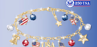 How about an 18K gold-plated USA 250th anniversary bracelet featuring 14 patriotic charms?