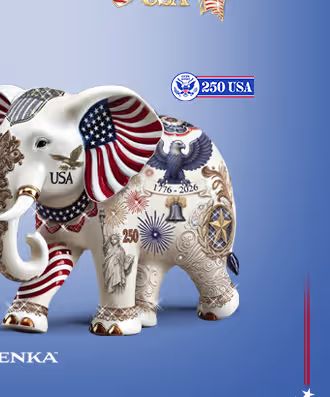 You'll love a USA 250th anniversary porcelain elephant with patriotic imagery and bas-relief details
