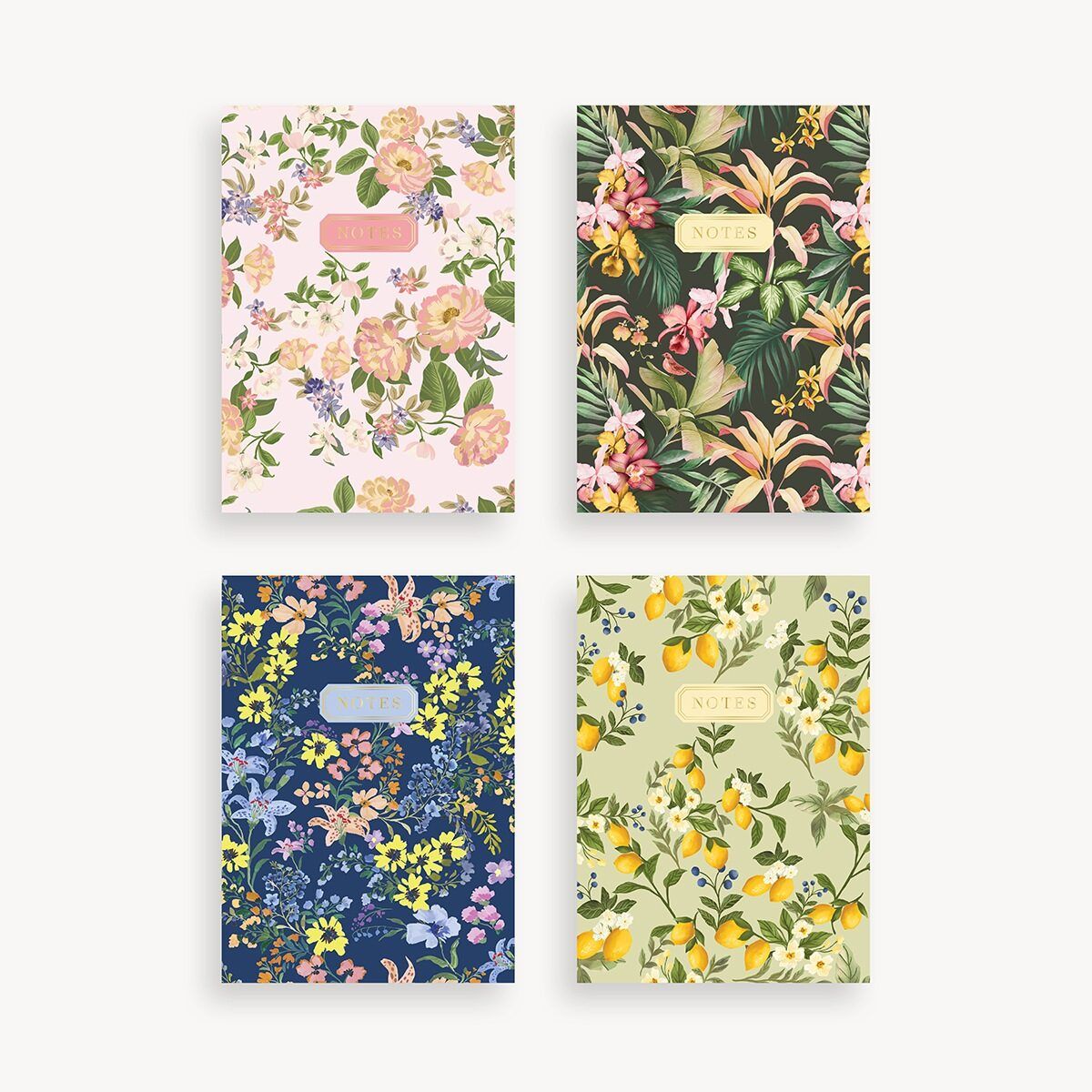 set of four slim notebooks in pretty floral patterns