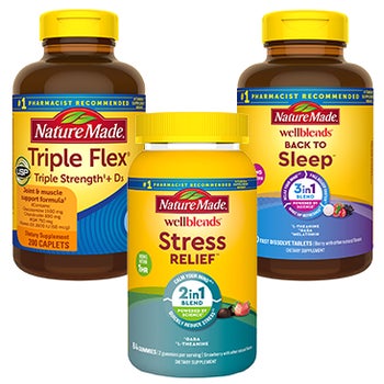 Nature Made TripleFlex Triple Strength + D3, Wellblends Stress Relief Gummies, Wellblends Back to Sleep