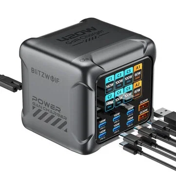 [GaN Tech] Blitzwolf® BW-S33 420W 8 Ports USB PD Charger 6USB-C+2USB-A QC PD Digital Display Fast Charging Desktop Charging Station for iPhone 17 16 16 Pro 15 14 13 Pro Max for MacBook Pro for Airpods for Apple Watch