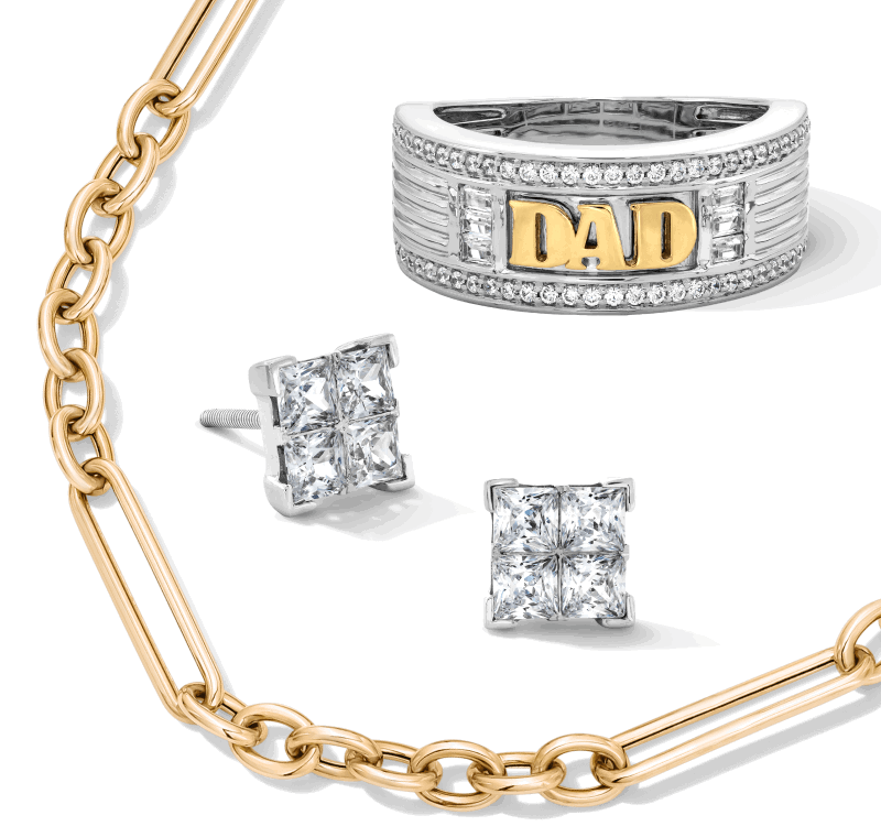 Men’s jewelry, including a white gold diamond dad ring, a yellow gold bracelets and diamond stud earrings.