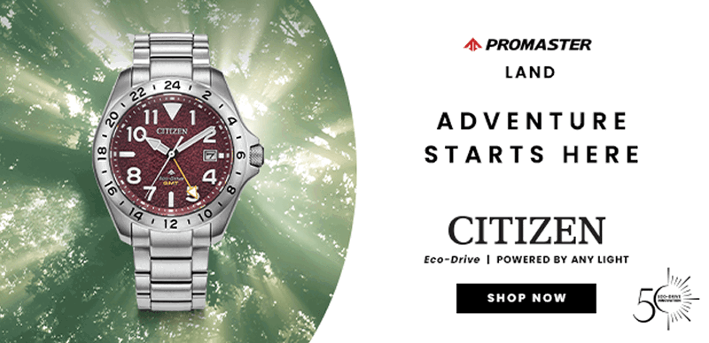 Silver Citizen eco-drive watch with burgundy dial. Adventure starts here. Click shop now.
