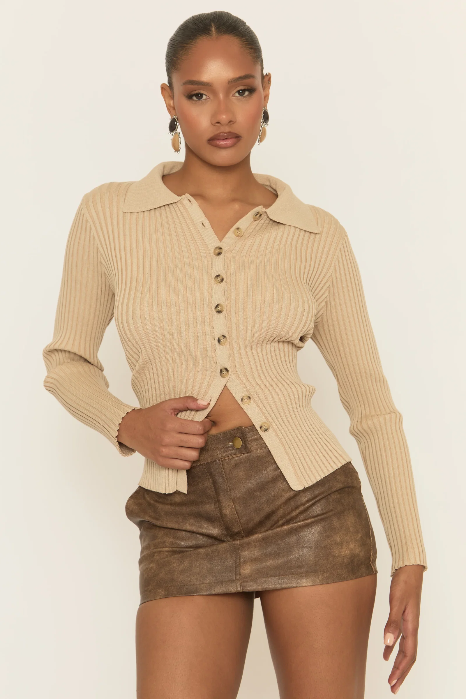 Image of Camel Button Up Rib Knit Cardigan - Ferne