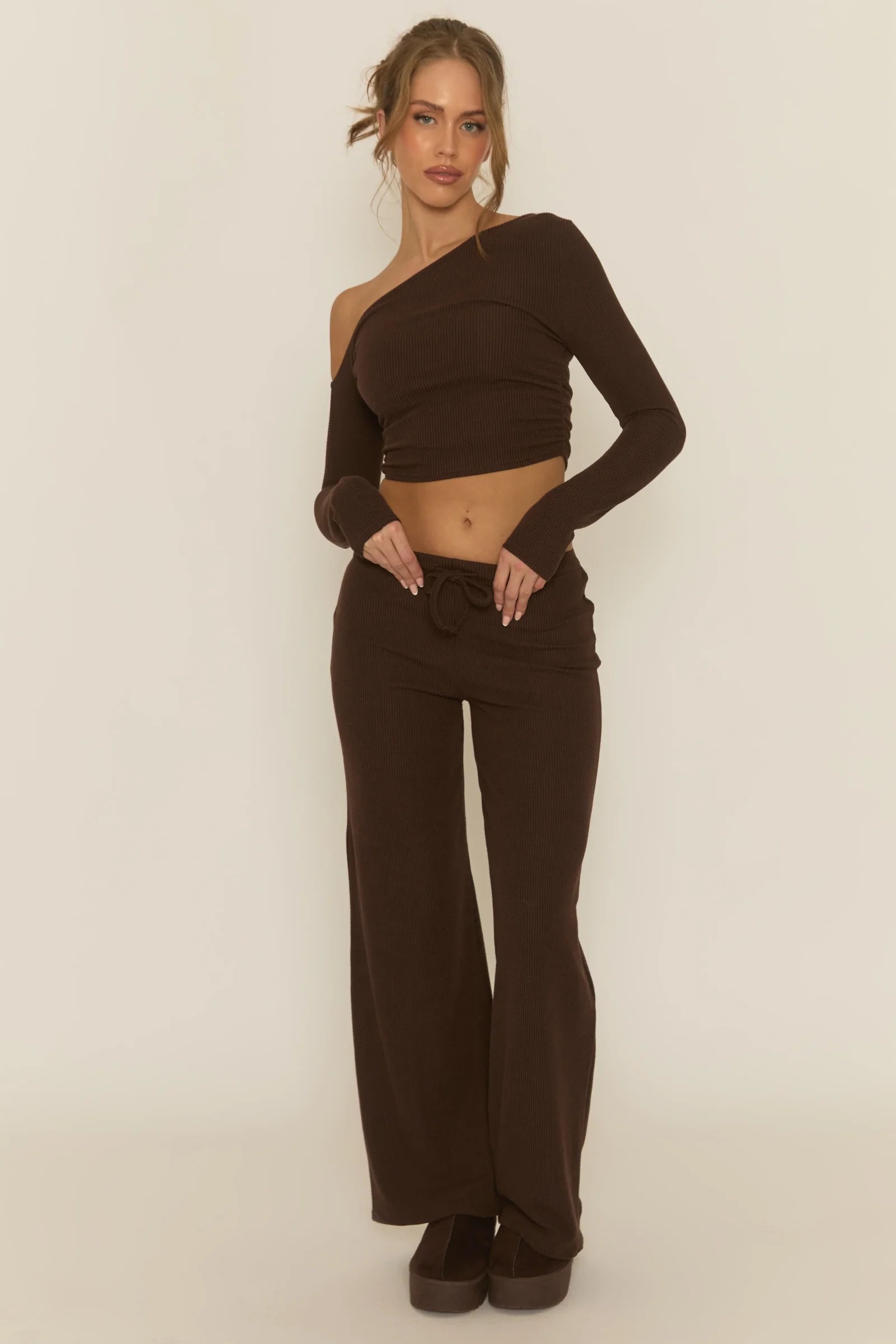 Image of Chocolate Rib Asymmetric Drawcord Trouser Loungewear Co-ord Set - Ceena