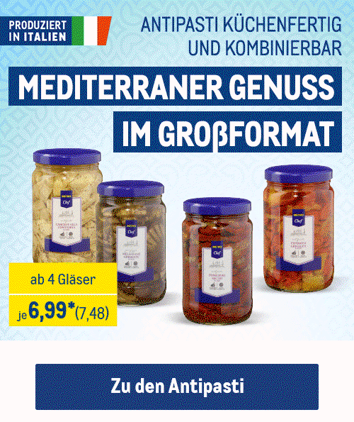 Antipasti küchenfertig und kombinierbar - mediterraner Genuss im Großformat
