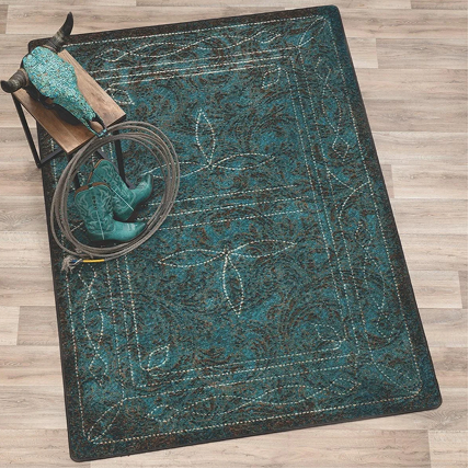 Western Boot Stitched Turquoise Rug - 3 x 4