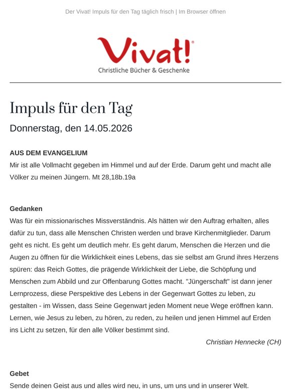 Impuls für Donnerstag, den 14.05.2026 - von Vivat!