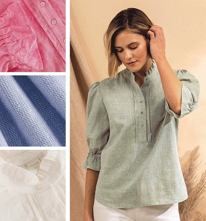 Frilled Three Quarter Sleeve Linen Shirt
