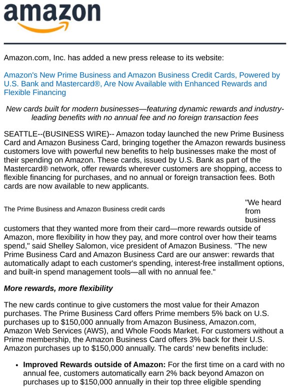 Amazon - Amazon's New Prime Business and Amazon Business Credit Cards, Powered by U.S. Bank and Mastercard®, Are Now Available with Enhanced Rewards and Flexible Financing