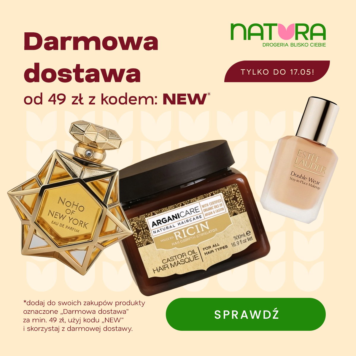 Natura promo: free delivery from 49 zł with code NEW; NoHo perfume, ArganiCare castor hair masque and Estée Lauder foundation.