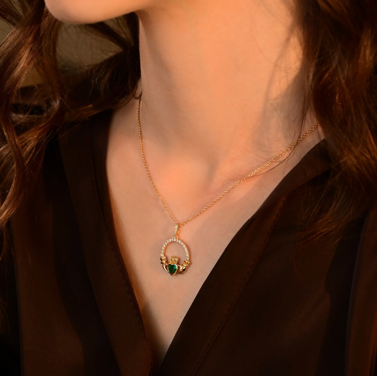 Gold Plated Emerald Green Claddagh Pendant