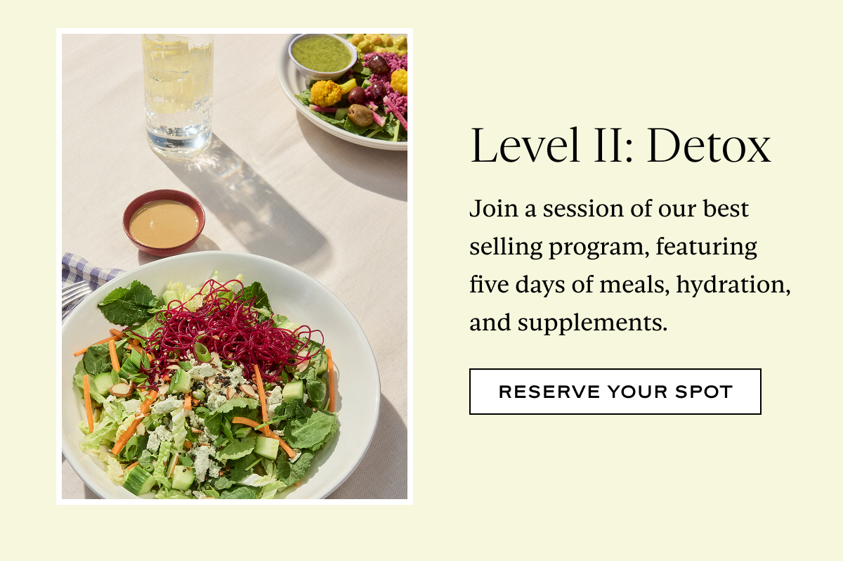 Level II: Detox: Join a session of our best selling program, featuring five days of meals, hydration, and supplements.