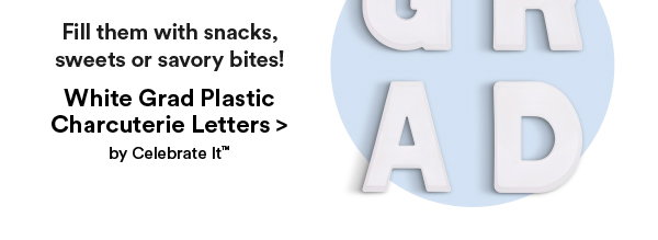 Fill them with snacks, sweets or savory bites! White Grad Plastic Charcuterie Letters > by Celebrate It
