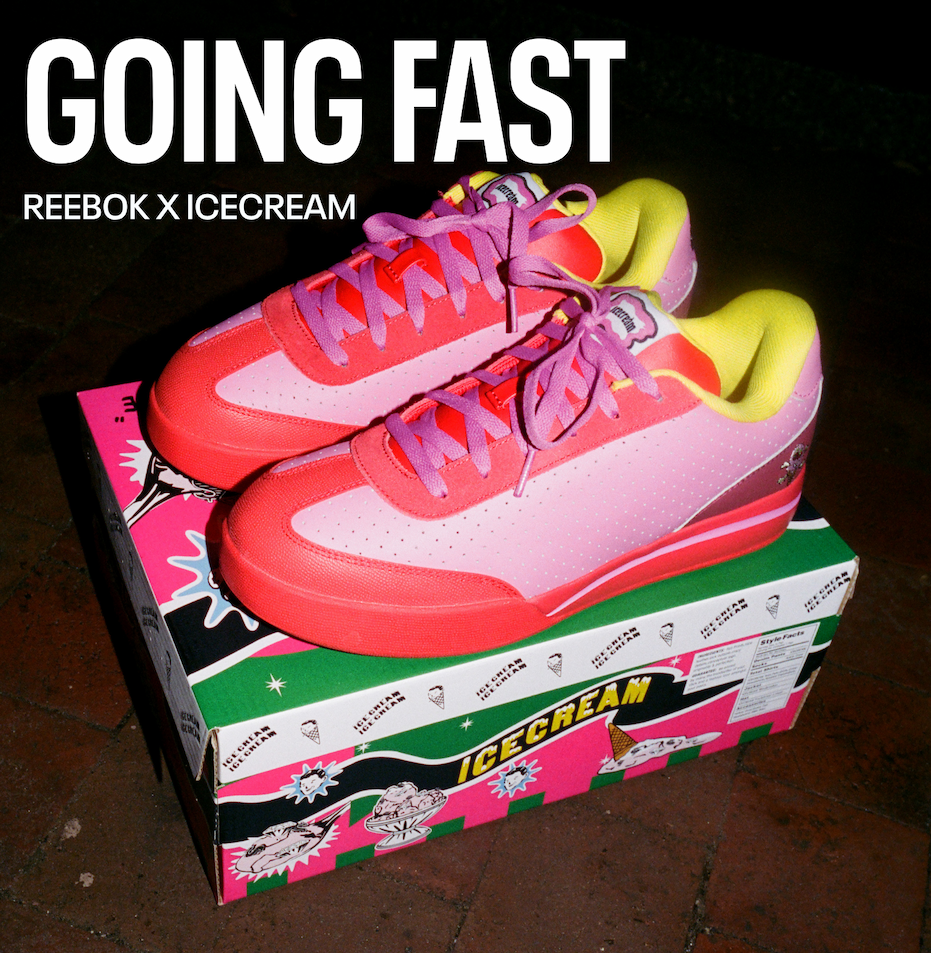 Reebok Board Flip sneakers in pink and red colourway. Text reads: “GOING FAST.”