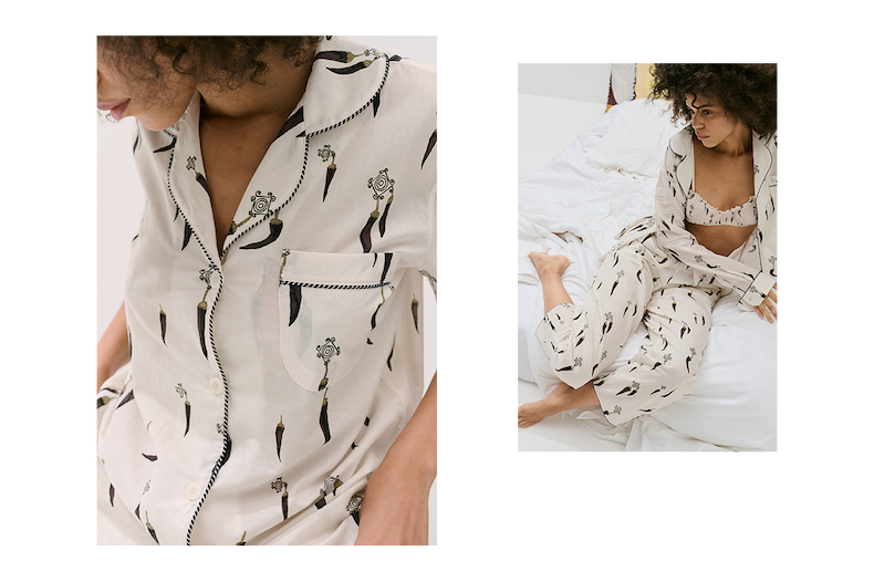Details of the Picante Cream pyjamas, shown close up and worn on white sheets.