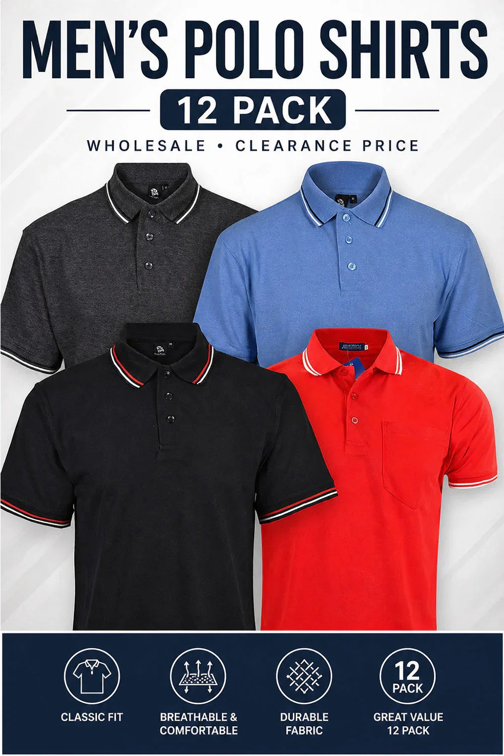Image of 12 Pack Men’s Polo Shirts – Wholesale Clearance Classic Fit Breathable Polycotton Tees