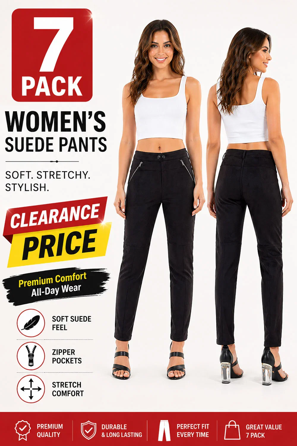Image of 7 Pack Women’s Stretch Suede Pants – High Waist Slim Fit Trousers with Zipper Pockets