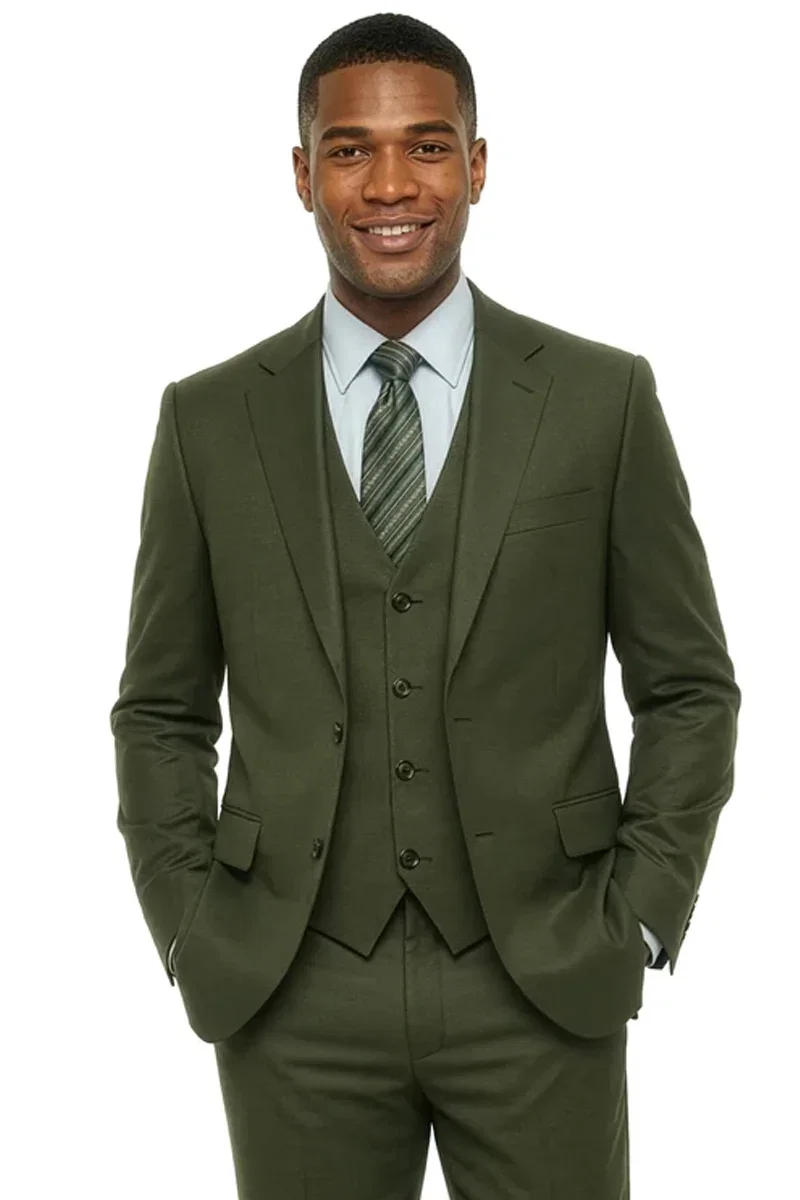 Men's Two Button Vested Stacy Adams Basic Designer Suit in Olive Green