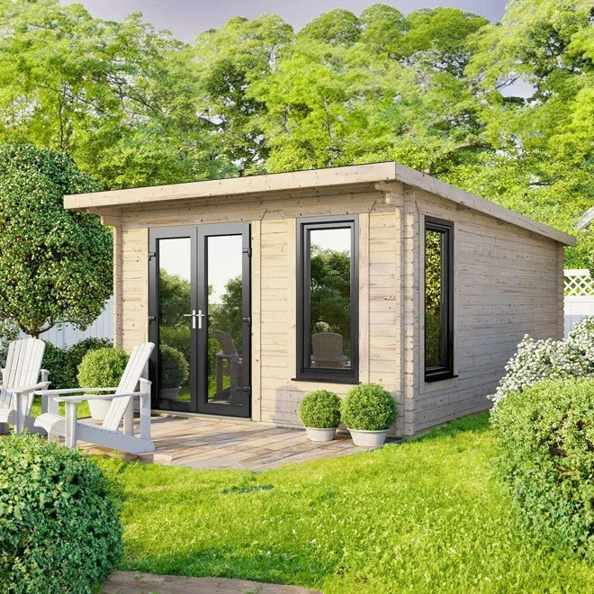 Powersheds Pent Roof Log Cabin 12ft x 14ft (Doors to Left) 44mm Log Thickness