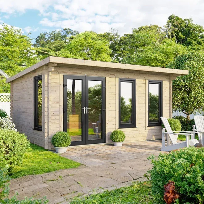 Powersheds Pent Roof Log Cabin 16ft x 10ft (Doors to Left) 44mm Log Thickness