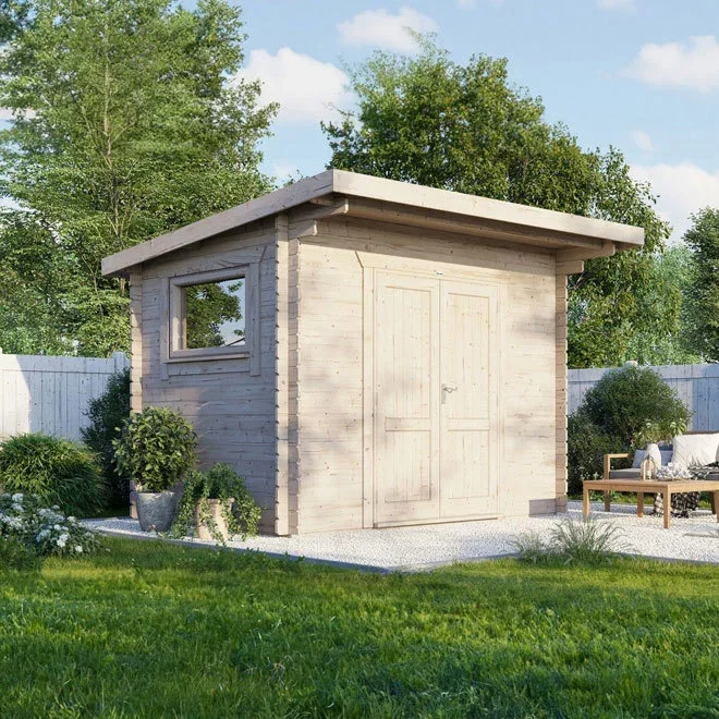 Powersheds Pent Roof Workshop Log Cabin 12ft x 8ft (Doors Central) 28mm Log Thickness