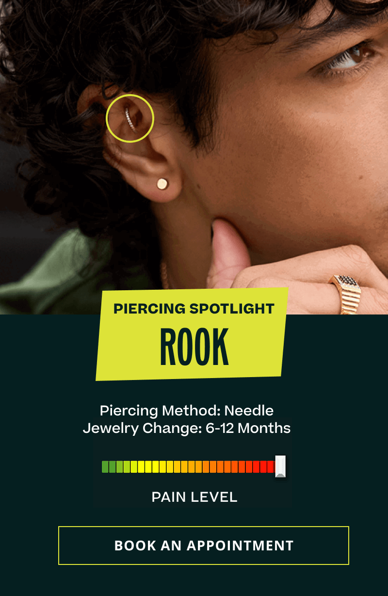Model’s rook circled in yellow. ROOK. Needle. Change 6-12 months. High pain level meter.  Click here to book an appointment