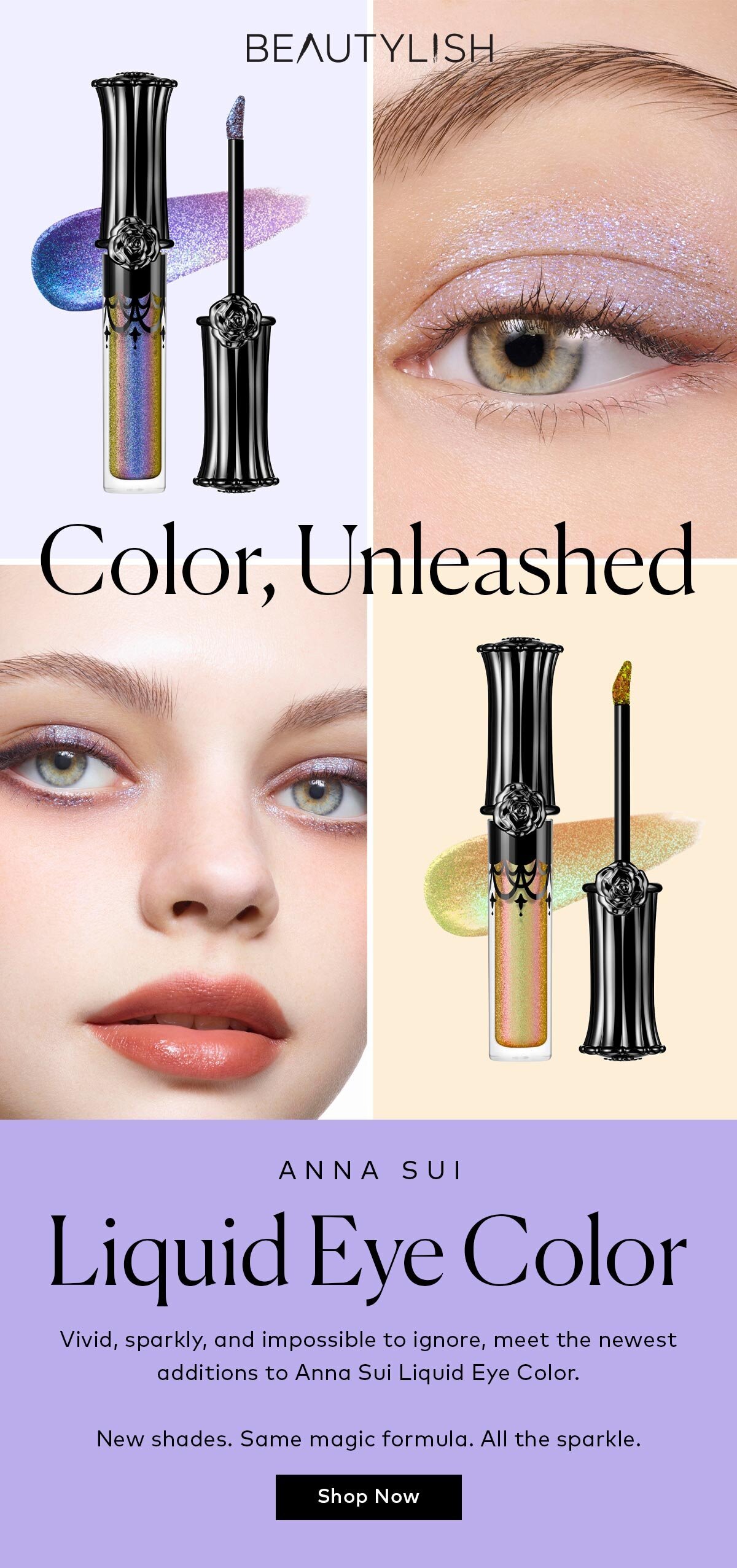 Vivid, sparkly, and impossible to ignore, meet the newest additions to Anna Sui Liquid Eye Color. Shop them now on Beautylish.com