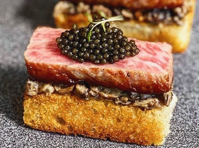 Wagyu sando bites with caviar