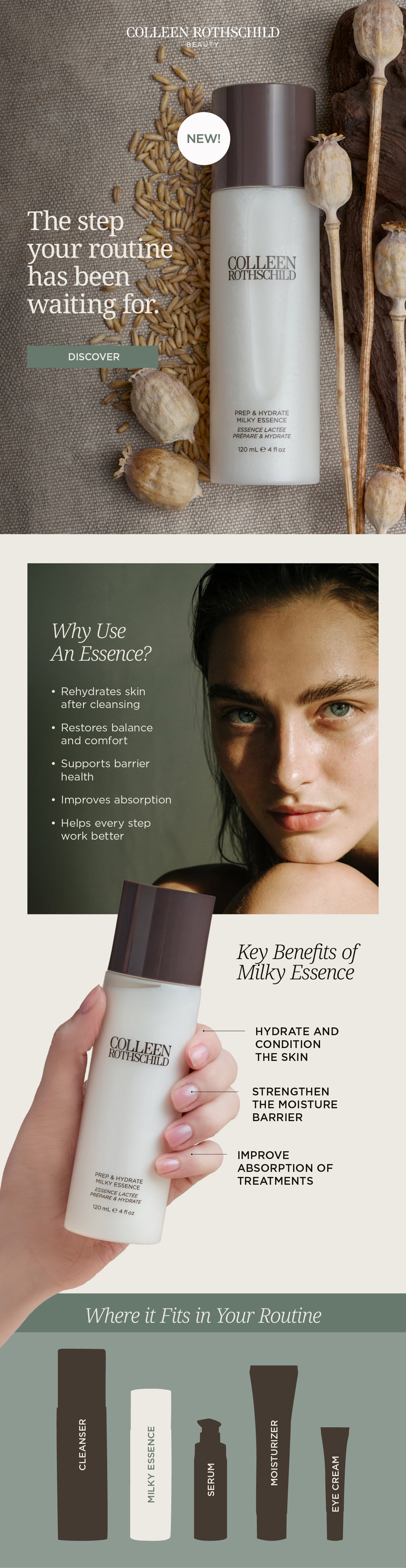 What is a milky essence in skincare and why use one, featuring Colleen Rothschild Prep & Hydrate Milky Essence used after cleansing to rehydrate skin, restore balance, strengthen the moisture barrier, and improve absorption of serums and treatments for smoother, healthier skin