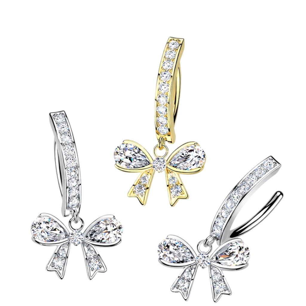  Dangle Ribbon Paved CZ Hinged Clicker Belly Button Ring Piercings 14G 10mm 