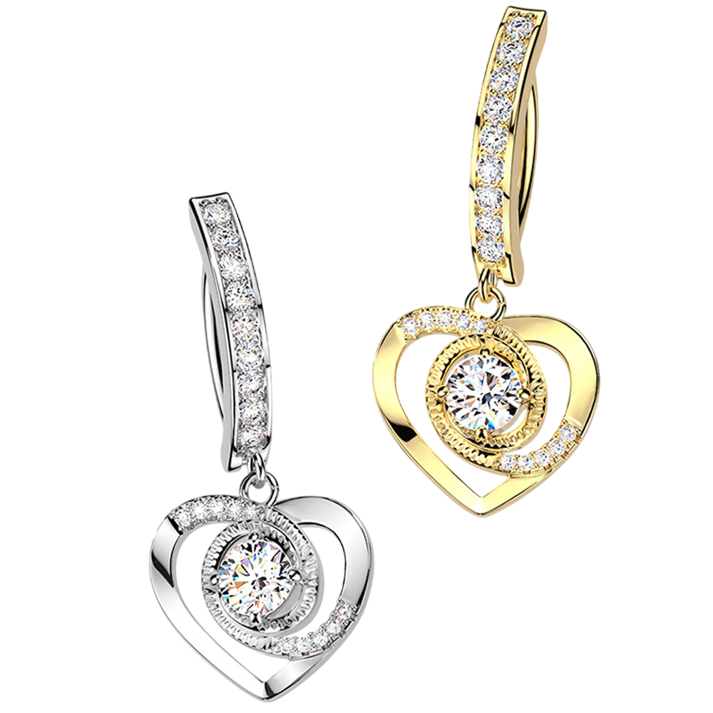  Paved CZ Heart Dangle Hinged Belly Button Rings Piercings 14G 10mm 