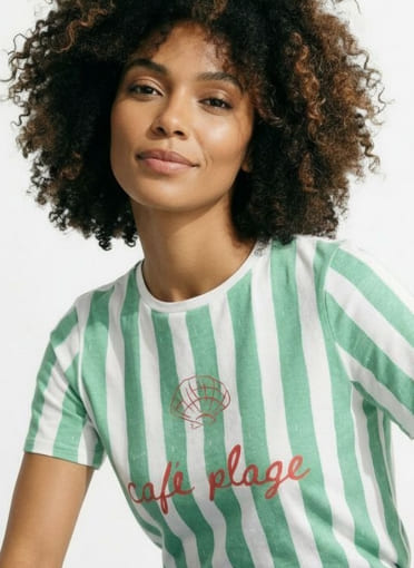 T-shirt rayé col rond message Café plage