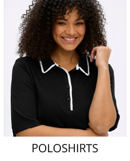 Schwarzes Poloshirt mit weiß eingefasstem Kragen und Verlinkung in alle Poloshirts