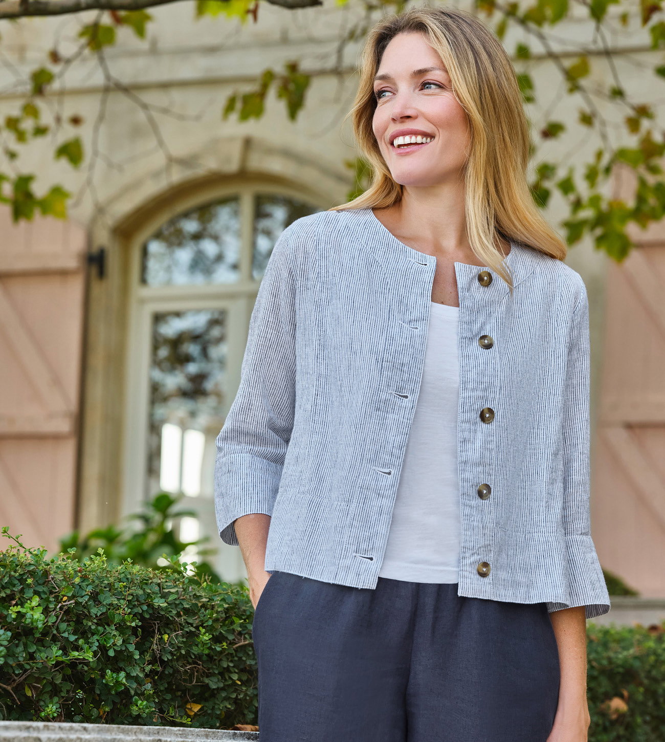 Veste légère sans col en mélange de lin - Femme - 53 % lin, 47 % coton