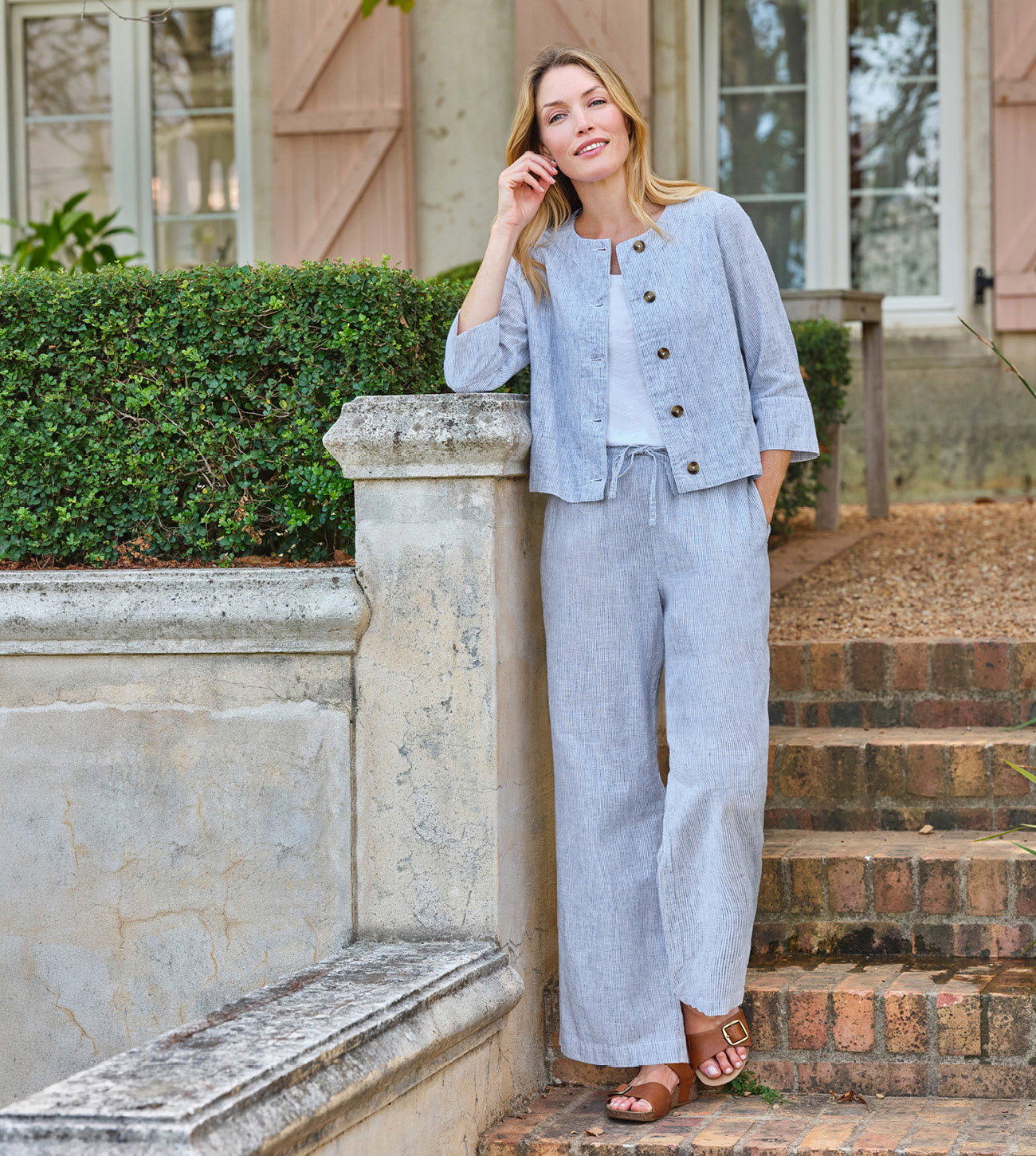 Pantalon à rayures en mélange de lin - Femme - 53 % lin, 47 % coton