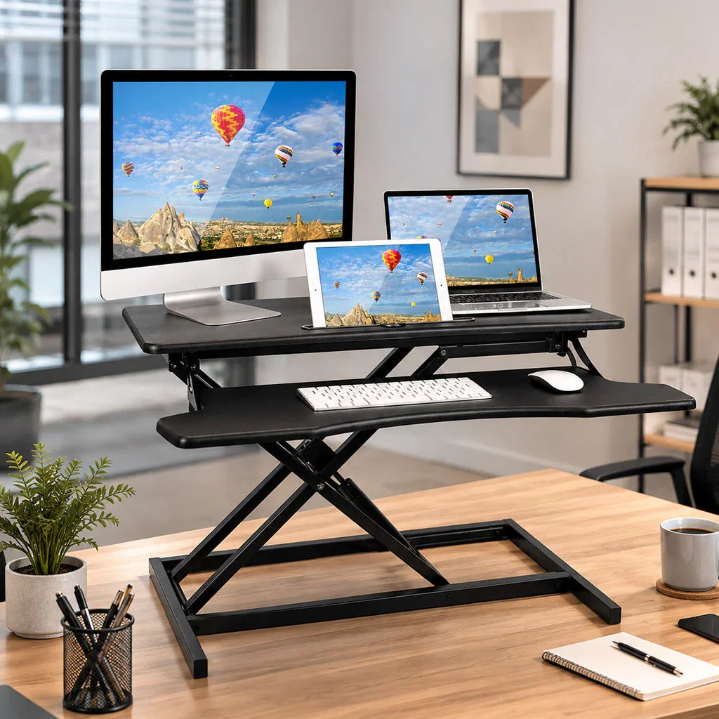 Black standing desk converter with dual monitors, laptop, and keyboard in modern office workspace setup
