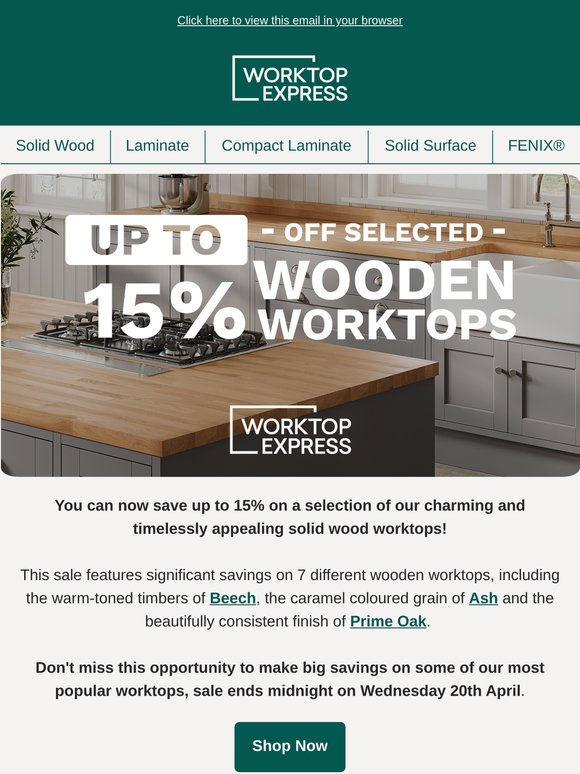 BIG SAVINGS! Save Up To 15% On Selected Wooden Worktops 🎉
