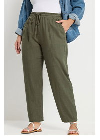 YOURS Curve Olive Green Barrel Leg Linen Trousers
