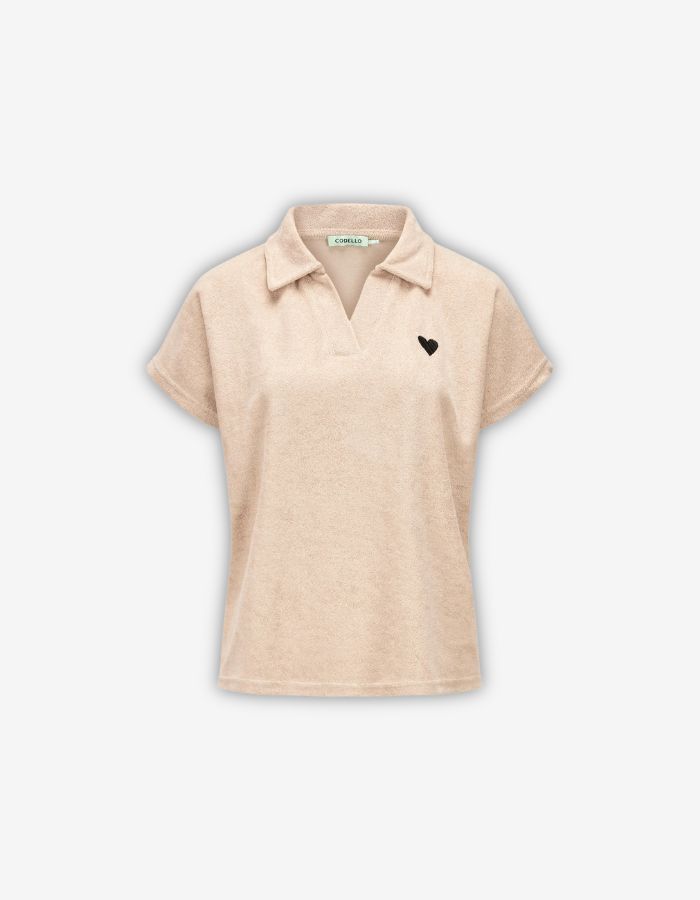 Frottee-Shirt mit Herz-Stickerei in Beige