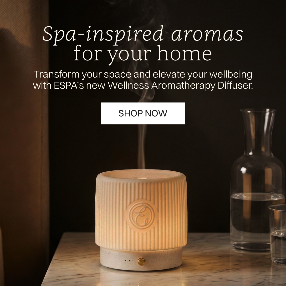 Spa-inspired aromas for your home. Transform your space and elevate your wellbeing with ESPA’s new Wellness Aromatherapy Diffuser.  Image of Diffuser Pod with mist coming out the top.