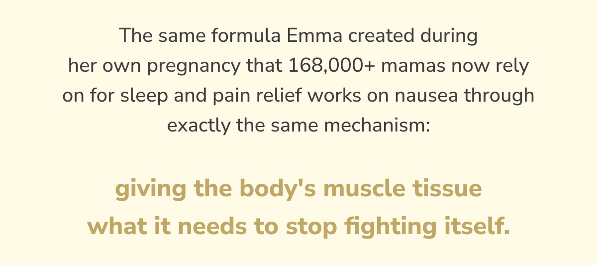 The same formula Emma created during her own pregnancy that 168,000+ mamas now rely on for sleep and pain relief works on nausea through exactly the same mechanism: giving the body's muscle tissue what it needs to stop fighting itself.