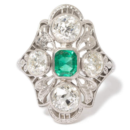 Vintage Platinum Emerald & Diamond Ring