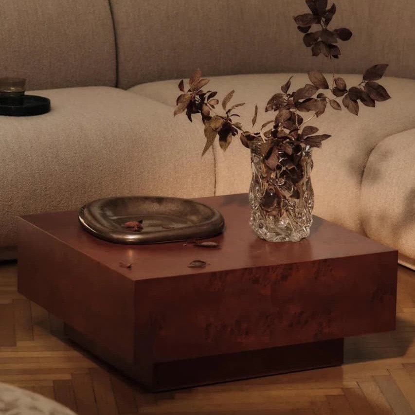 burl storage coffee table in modern living room