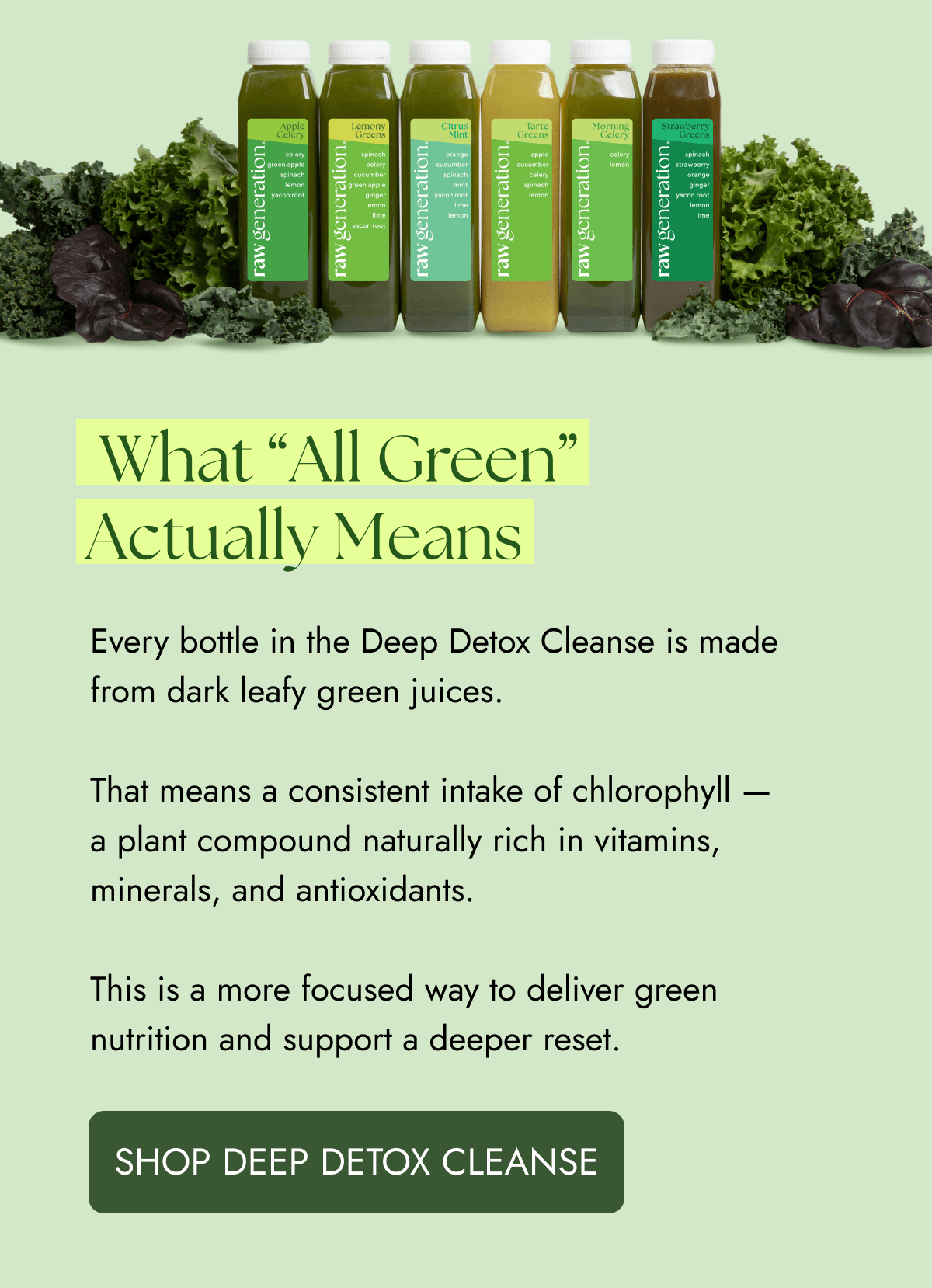 What "All Green" Actually Means | Every bottle in the Deep Detox Cleanse is made from dark leafy green juices. That means a consistent intake of chlorophyll - a plant compound naturally rich in vitamins, minerals, and antioxidants. This is a more focused way to deliver green nutrition and support a deeper reset. [SHOP DEEP DETOX CLEANSE]