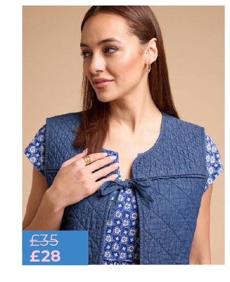 Denim Quilted Tie Front Waistcoat