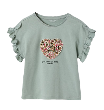 T-shirt voor meisjes met romantisch motief, korte mouwen met ruches