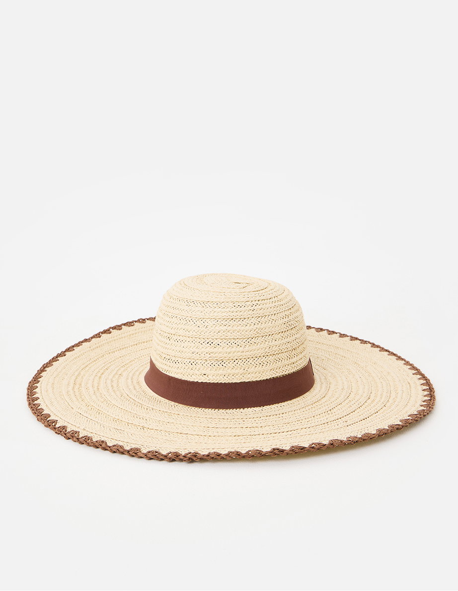 Natural & Brown Whipstitch Edge Floppy Straw Hat