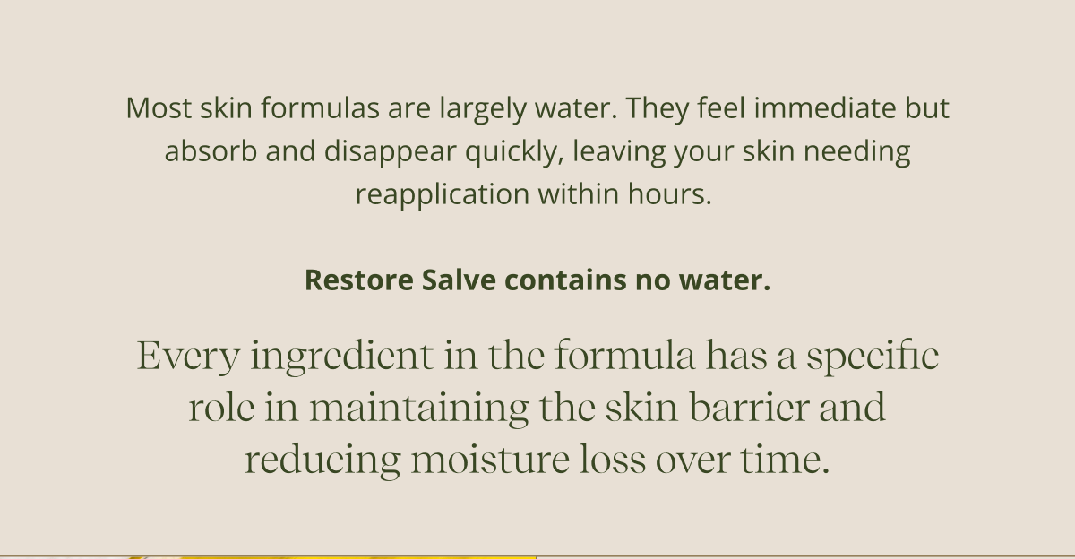 Most skin formulas are largely water. They feel immediate but absorb and disappear quickly, leaving your skin needing reapplication within hours.   Restore Salve contains no water.  Every ingredient in the formula has a specific role in maintaining the skin barrier and reducing moisture loss over time.